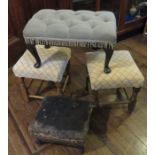 A group of four foot stools, three upholstered, one in need of work. (4)