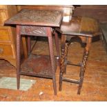 Two small side tables; one oak with barley twist legs, the other with carved details including