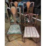 A part set of three Edwardian dining chairs with a 1920s Chippendale style side chair. (4)