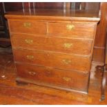 A nineteenth century oak chest of drawers of small proportions.  Five drawers, 90cm wide.  Repair to