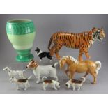 A 1930's Shelley Harmony ware vase, Beswick tiger and other Beswick animals (parcel)
