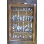 A wall mounted wood and glass display case with 25 crested spoons.