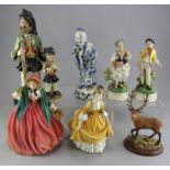 A group of ceramic figure to include a Border Fine Art stag and two Royal Doulton figures; Lady