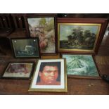 A group of decorative wall art including paintings and prints to include a framed print of