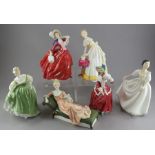 Royal Doulton; collection of six figurines; Christmas Morn, Autumn Breezes, Fair Lady, Repose, Happy