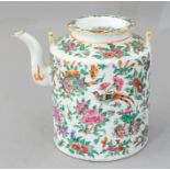 A Chinese covered tea pot, 19th Century, famille rose decoration of exotic birds and insects amongst