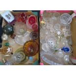 Two boxes of assorted glass ware to include: cranberry, lead crystal, cut-glass bottles, vases,