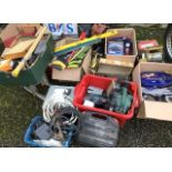 Large quantity of tools to include electric drill, sander, saws, sprit levels, spanners, foot pumps,