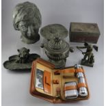 19th century pewter inkstand; A brass figurine paperweight and other metalware items including a