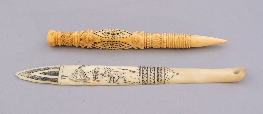 A George III ivory bobbin, turned, carved and with - Image 2 of 2