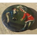 A 19th Century Stobwasser table snuff box & cover, decorated with a comical scene of a fashionable