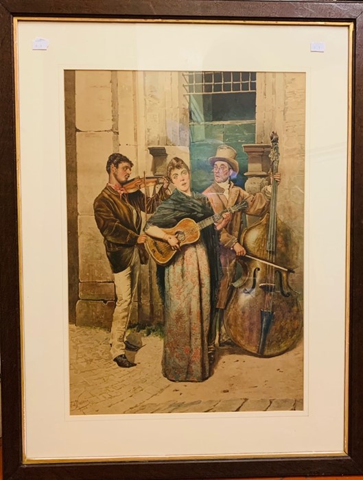 After Edoardo Navone (Italian, 1844-1912), colour photogravure depicting musicians on street, 66cm