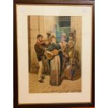 After Edoardo Navone (Italian, 1844-1912), colour photogravure depicting musicians on street, 66cm
