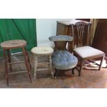 A Victorian carved mahogany dining chair, an upholstered low chair with button detailing and tow