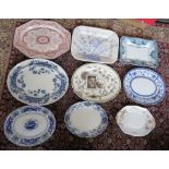 A group of nineteenth century transfer-printed platters, some Aesthetic period platters, in