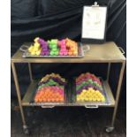 Large sweet trolley from the Sweet Factory with three trays of sweets and clipboard. From the Chitty