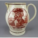 A late eighteenth century creamware red-printed Liverpool-shape large jug, c.1790. It is printed
