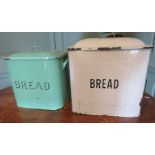 A green and a white enamel two-handled bread bin and covers (2) Some wear and losses.