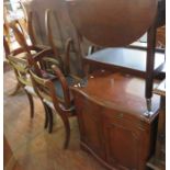 A round 1980's dining table, six chairs, mirror backed sideboard, plus a 1980's music cabinet, all