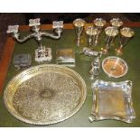 A group of plated ware, to include: a decorative horse, sugar sifter, two serving dishes, six