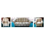 A recent upholstered three piece suite, the sofa with drop arms, width of the latter 240cm