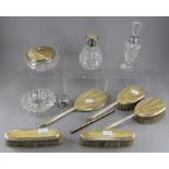A silver and guilloche enamel Mappin & Webb dressing table set, to include cut glass powder jar (