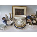 A group of assorted ceramics, framed pictures to include Willow pattern, Royal Doulton, Wedgwood,