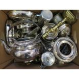 A box of assorted meat ware and plated items to include teapots, plates, serving dishes,