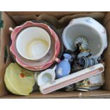 A box of assorted ceramics to include: Booths, Carltonware, Wedgwood, etc.  Some damage.