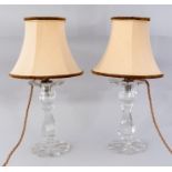 A pair of 19th Century clear cut glass lustres, height 22cm, (later converted into table lamps with