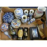 A box group of Oriental ceramics, lacquer boxes and vase, carved horn etc.  Some minor damages.