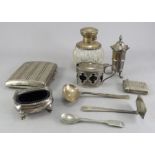 A group of silver items to include cigarette case, vinaigrette, spoons, open salt, a pepper etc. All