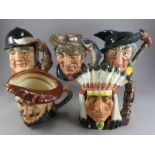 Five various Royal Doulton character jugs, to include The Poacher D6429, Gone Away D6531, Pied Piper