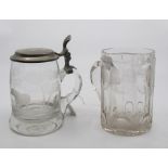Two etched glass tankards, one with pewter cover