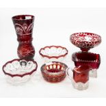 Ruby flash glass, including vase, dishes, jug, ashtray (7)