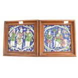 A pair of tiles, possibly Middle Eastern, in tones of purple, green and blue, approx 16.5cm x 16.