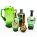 Two silvered green glass decanters; a green glass jug; two gilded vases (5)