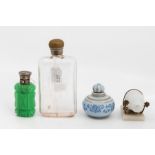 A collection of scent bottles, porcelain; jade green glass bottle with EP lid; hip flask, etc