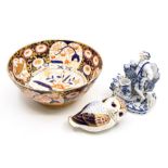 A Spode Imari 2375 bowl; Royal Crown Derby owl paperweight, stopper missing; a Continental figure