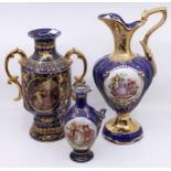 A continental twin handle vase, transfer printed, gilt and enamel decoration; a Ceramica Le Torri
