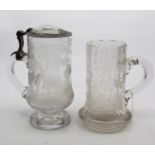 Two 19th century etched glass tankards, one with cover
