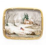 A continental shaped rectangular tray painted with a winter scape