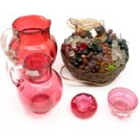 Cranberry glass jugs, bowls; and a basket of fruit lamp (5)