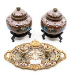 A pair of cloisonne vases and covers, approx 14cm high, on hardwood stands;  and A 19th century