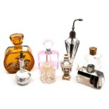 A collection of scent bottles and atomisers, Art Deco, coloured glass, painted amber glass,