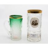 Two 19th century cut glass drinking glasses, one with etched measure line, graduated green glass,