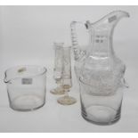 A cut glass jug; pair of glass specimen vases; and a pair of glass rinsers (5)