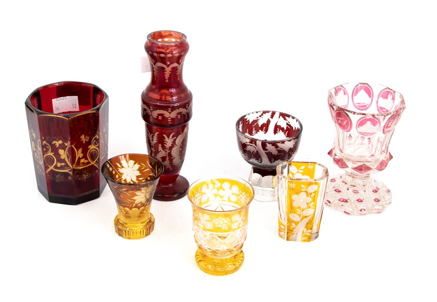 A collection of Continental glass, including amber and red flash, etc