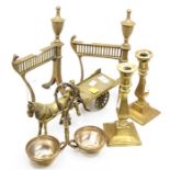 Brass ware - fire dogs; candlesticks; horse and cart; and an EP sweetmeat dish (6)