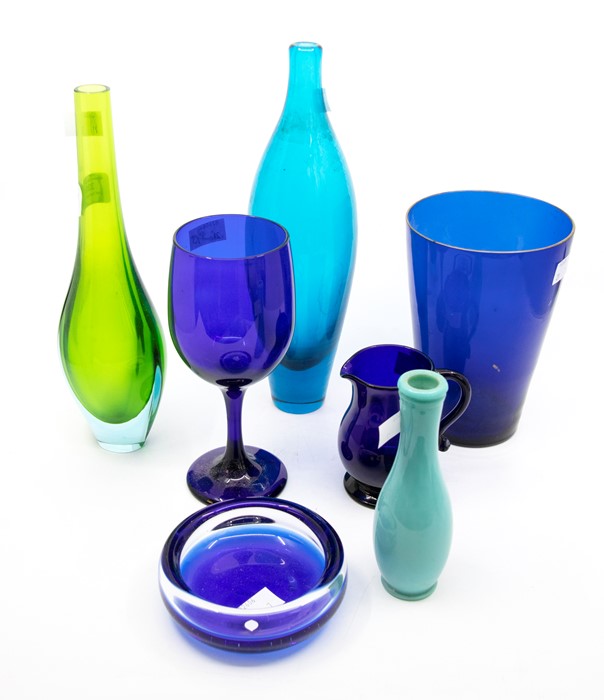 A group of blue and green glassware - vases, jug, ashtray, wine glass, beaker, etc (7)